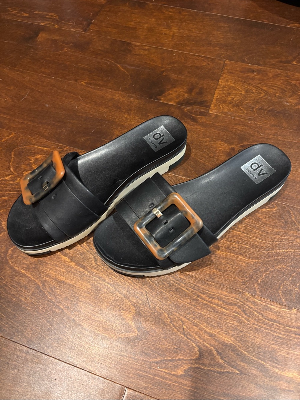 DV by Dolce Vita Black Slide Sandals with Tortoiseshell Buckle